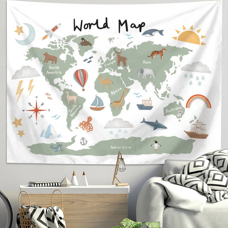 Background For Kids Education - Tapeçaria de Mapa Mundial de Animais