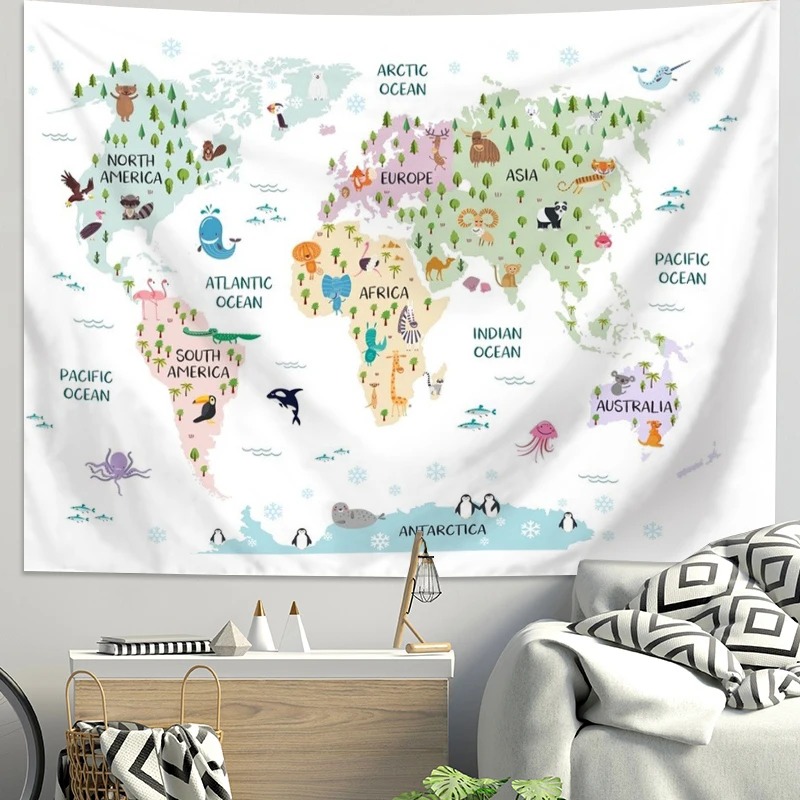 Tapeçaria de Mapa Mundial de A - Background For Kids Education avaliação e preço